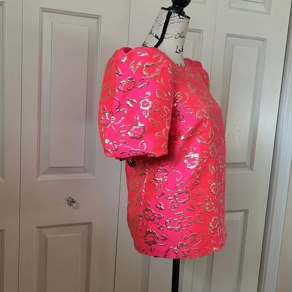 NWT Lilly Pulitzer Pratt Puff sleeve pink gold brocade top Sz XS SM - Picture 8 of 13